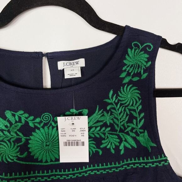 New J Crew XS Navy Blue Green Embroidered Linen Cotton Shift Dress Sleeveless - Picture 6 of 10